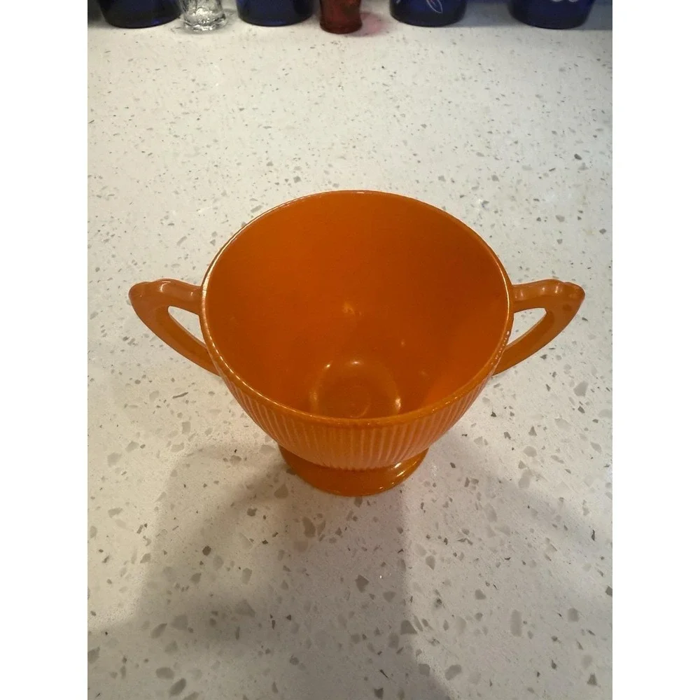 Unusual Jeannette Homespun Fine Rib ORANGE Fired On Sugar Bowl Depression Glass